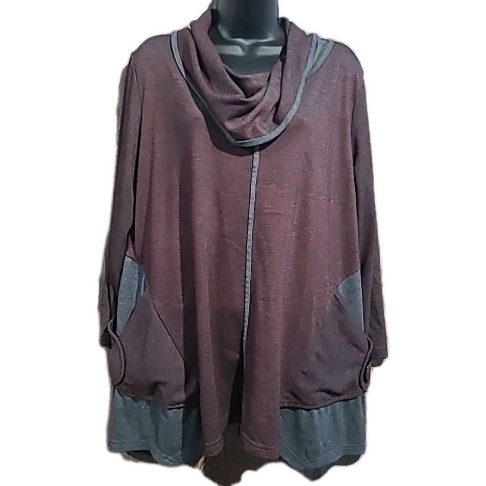 Moonlight Y&S Cowl Neck Tunic Size L Muted Gray/Maroon Lagenlook Art to Wear